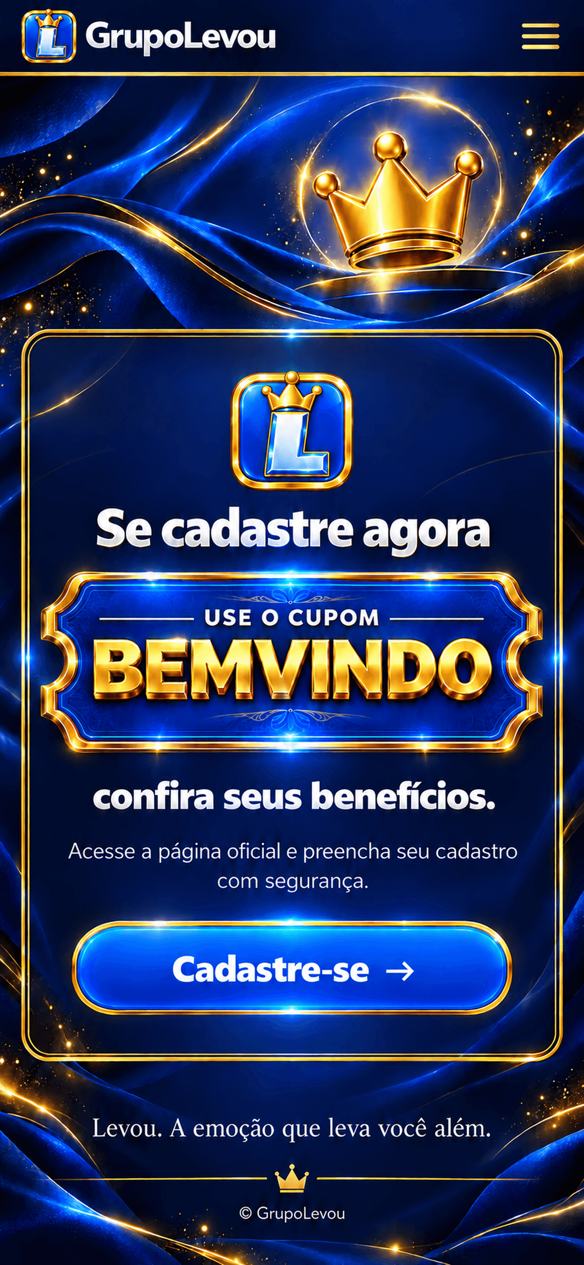 Página da loja de roupas infantis Grupo Levou. Clique para ativar o cupom BEMVINDO e aproveitar R$ 50 de desconto na primeira compra.